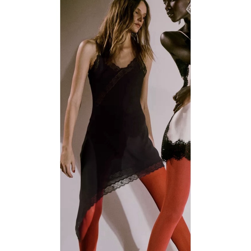 Zara Collection Y2K Lace Trim Tank Sheer Black Fairy Asymmetrical Top Whimsigoth